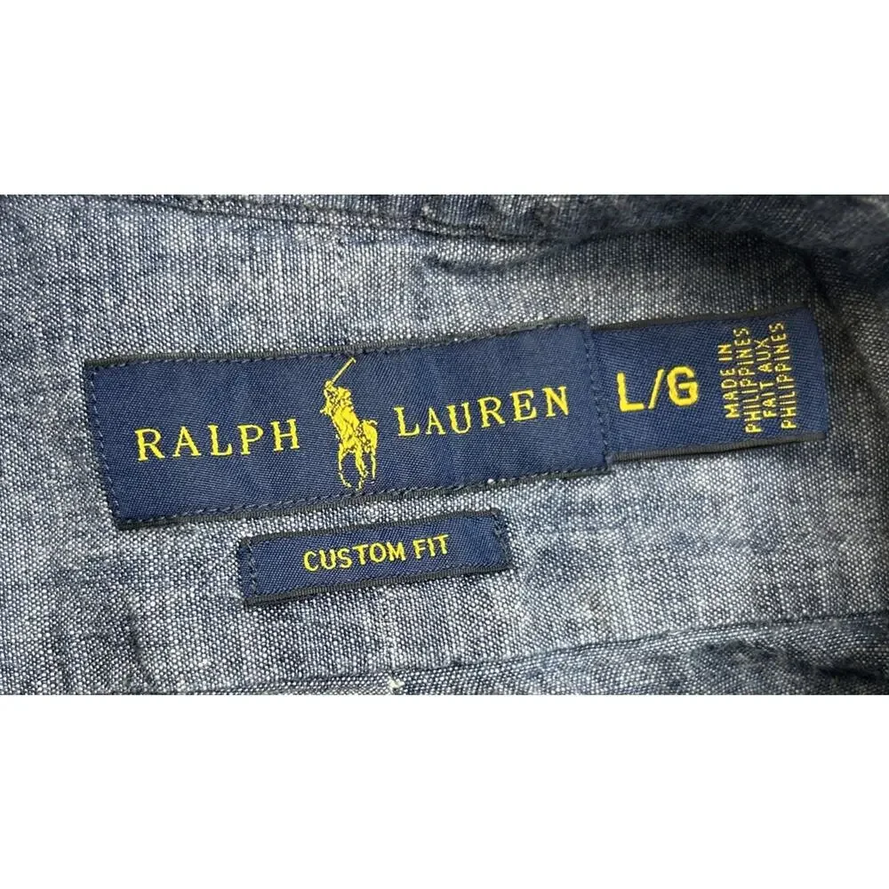 Vintage Polo Ralph Lauren Denim Button Down Shirt Men’s L Blue Custom Fit Preppy